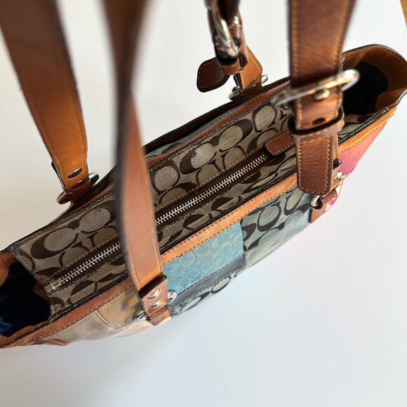 Vintage Y2K Coach Patchwork Pink Blue Leather Signature Print Shoulder Tote Bag - Picture 7 of 12